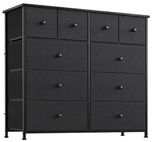 reahome 10 drawer dresser for bedroom fabric storage tower wide black dresser with wood top sturdy steel frame storage organizer unit for living room hallway entryway closets nursery (black grey)