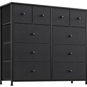 REAHOME 10 Drawer Dresser for Bedroom Fabric Storage Tower Wide Black Dresser with Wood Top Sturdy Steel Frame Storage Organizer Unit for Living Room Hallway Entryway Closets Nursery (Black Grey)