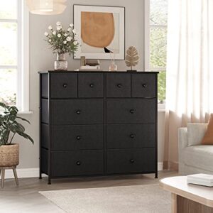 REAHOME 10 Drawer Dresser for Bedroom Fabric Storage Tower Wide Black Dresser with Wood Top Sturdy Steel Frame Storage Organizer Unit for Living Room Hallway Entryway Closets Nursery (Black Grey)