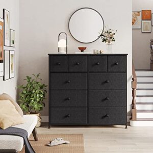 REAHOME 10 Drawer Dresser for Bedroom Fabric Storage Tower Wide Black Dresser with Wood Top Sturdy Steel Frame Storage Organizer Unit for Living Room Hallway Entryway Closets Nursery (Black Grey)