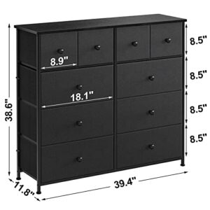 REAHOME 10 Drawer Dresser for Bedroom Fabric Storage Tower Wide Black Dresser with Wood Top Sturdy Steel Frame Storage Organizer Unit for Living Room Hallway Entryway Closets Nursery (Black Grey)