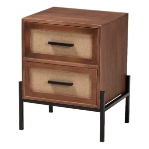 baxton studio paxley walnut brown wood and beige fabric 2-drawer end table