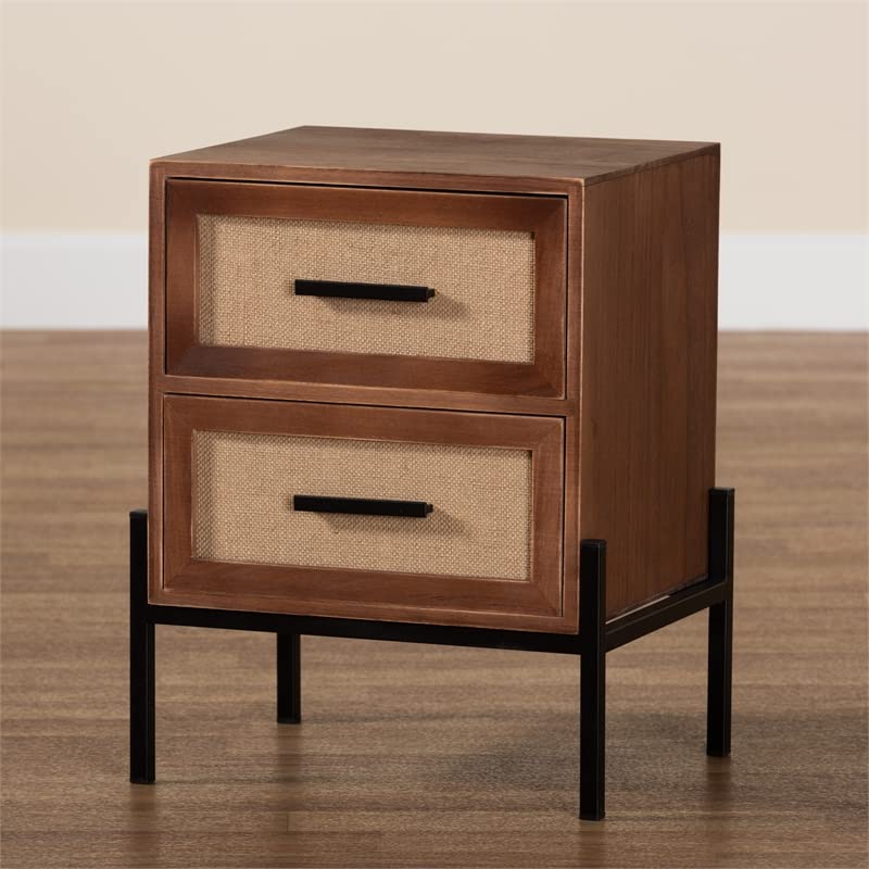 Baxton Studio Paxley Walnut Brown Wood and Beige Fabric 2-Drawer End Table