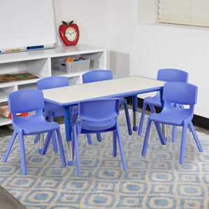 flash furniture 23.625”w x 47.25”l rectangular blue plastic height adjustable activity table set with 6 chairs