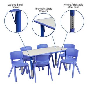 Flash Furniture 23.625''W x 47.25''L Rectangular Blue Plastic Height Adjustable Activity Table Set with 6 Chairs