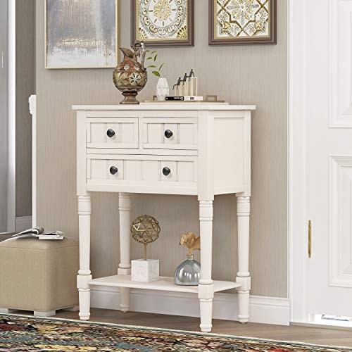 Merax Narrow Console Sofa Table Sideboard with 3 Storage Drawers and Bottom Shelf for Living Room, Entryway/Hallway, Ivory White