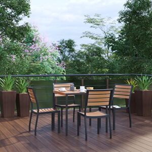 flash furniture 5 piece patio table set – synthetic teak poly slats – 35″ square steel framed table with 4 faux teak chairs