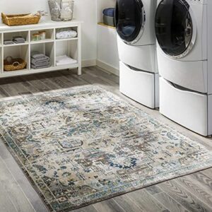 hauteloom cabacungan traditional persian medallion living room bedroom area rug – machine washable distressed carpet – bohemian oriental – easy to clean – blue, grey, beige – 6’7″ x 9′