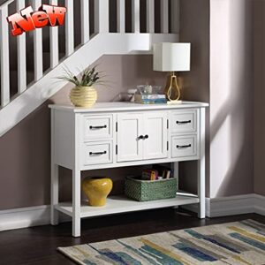 dangruut elegant farmhouse thicken solid wood buffet sideboard with door cabinet, storage drawers, bottom shelf, 43” rustic accent console table buffet serving cabinet for entryway/kitchen (white)