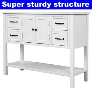 DANGRUUT Elegant Farmhouse Thicken Solid Wood Buffet Sideboard with Door Cabinet, Storage Drawers, Bottom Shelf, 43'' Rustic Accent Console Table Buffet Serving Cabinet for Entryway/Kitchen (White)