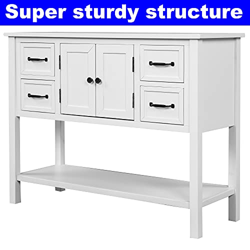 DANGRUUT Elegant Farmhouse Thicken Solid Wood Buffet Sideboard with Door Cabinet, Storage Drawers, Bottom Shelf, 43'' Rustic Accent Console Table Buffet Serving Cabinet for Entryway/Kitchen (White)