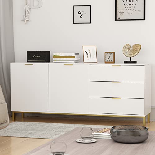 ECACAD Sideboard Buffet Storage Cabinet with Doors & Drawers, Kitchen Cupboard Cabinet with Storage Compartments & Gold Metal Legs, White (62.9”W x 15.7”D x 27.5”H)