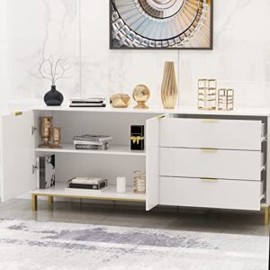 ECACAD Sideboard Buffet Storage Cabinet with Doors & Drawers, Kitchen Cupboard Cabinet with Storage Compartments & Gold Metal Legs, White (62.9”W x 15.7”D x 27.5”H)