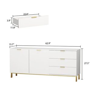 ECACAD Sideboard Buffet Storage Cabinet with Doors & Drawers, Kitchen Cupboard Cabinet with Storage Compartments & Gold Metal Legs, White (62.9”W x 15.7”D x 27.5”H)