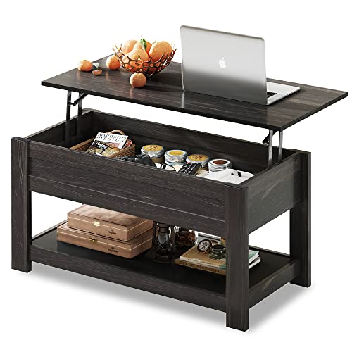 WLIVE Modern Lift Top Coffee Table,Rustic Coffee Table with Storage Shelf and Hidden Compartment,Wood Lift Tabletop for Home Living Room,Black.