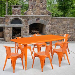 flash furniture commercial grade 31.5″ x 63″ rectangular orange metal indoor-outdoor table set with 6 arm chairs