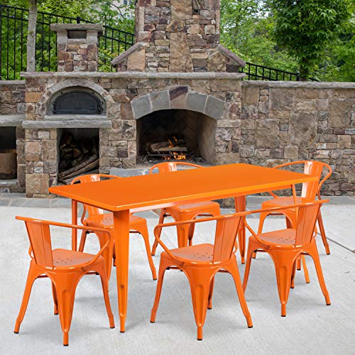 Flash Furniture Commercial Grade 31.5" x 63" Rectangular Orange Metal Indoor-Outdoor Table Set with 6 Arm Chairs