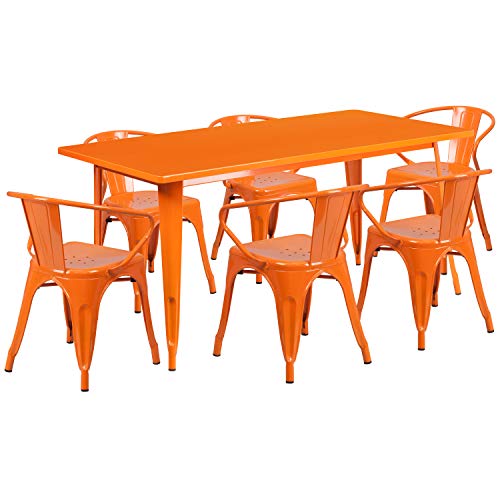 Flash Furniture Commercial Grade 31.5" x 63" Rectangular Orange Metal Indoor-Outdoor Table Set with 6 Arm Chairs