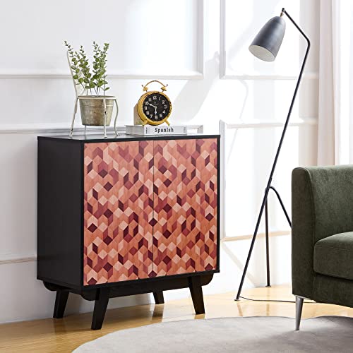 Qiozzey Modern Storage Cabinet with 3D Patterns, Floor Standing Buffet Cabinet, Oak Lines Finish Sideboard Organizer, Anti-Dipping Wood Cabinet for Bedroom, Bathroom, Living Room, Kitchen, Office