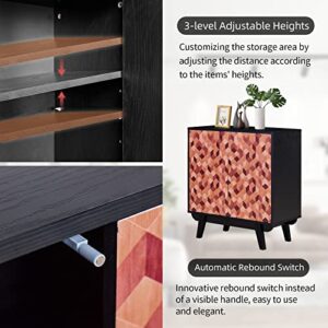 Qiozzey Modern Storage Cabinet with 3D Patterns, Floor Standing Buffet Cabinet, Oak Lines Finish Sideboard Organizer, Anti-Dipping Wood Cabinet for Bedroom, Bathroom, Living Room, Kitchen, Office