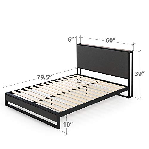 ZINUS Christina Upholstered Platform Bed Frame with Brown Headboard Shelf / No Box Spring Needed / Wood Slat Support / Easy Assembly, Queen