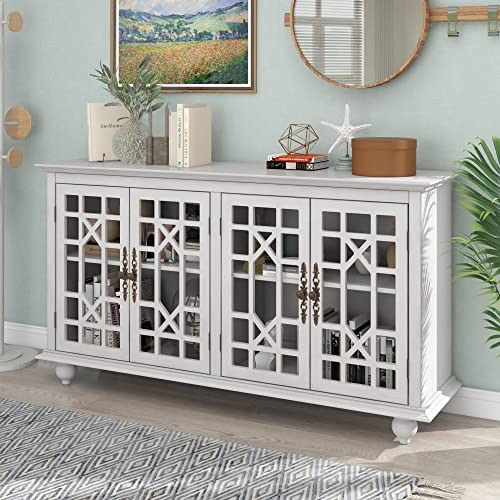 RUNNA Acacia Wood Sideboard Buffet Cabinet with Adjustable Height Shelves, 4 Doors, Metal Handles, Modern Storage Cabinet Entryway Cabinet Console Table for Living Room Bedroom