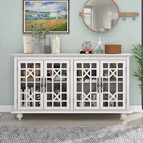 RUNNA Acacia Wood Sideboard Buffet Cabinet with Adjustable Height Shelves, 4 Doors, Metal Handles, Modern Storage Cabinet Entryway Cabinet Console Table for Living Room Bedroom