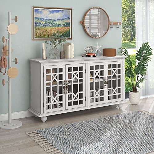 RUNNA Acacia Wood Sideboard Buffet Cabinet with Adjustable Height Shelves, 4 Doors, Metal Handles, Modern Storage Cabinet Entryway Cabinet Console Table for Living Room Bedroom