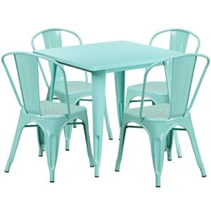 flash furniture commercial grade 31.5″ square mint green metal indoor-outdoor table set with 4 stack chairs