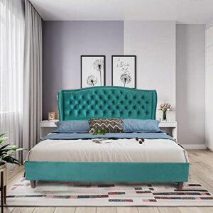 QHITTY Queen Size Bed Frame, Modern Velvet Button Tufted Upholstered Platform Bed with Nailhead Trim Headboard, Wood Slat Support, Easy Assembly, No Box Spring Needed
