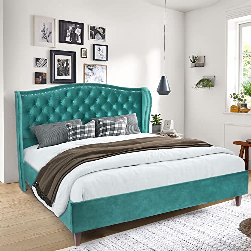 QHITTY Queen Size Bed Frame, Modern Velvet Button Tufted Upholstered Platform Bed with Nailhead Trim Headboard, Wood Slat Support, Easy Assembly, No Box Spring Needed