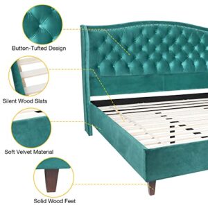 QHITTY Queen Size Bed Frame, Modern Velvet Button Tufted Upholstered Platform Bed with Nailhead Trim Headboard, Wood Slat Support, Easy Assembly, No Box Spring Needed