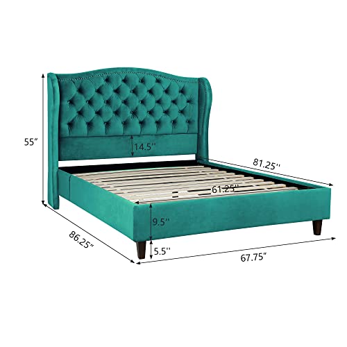 QHITTY Queen Size Bed Frame, Modern Velvet Button Tufted Upholstered Platform Bed with Nailhead Trim Headboard, Wood Slat Support, Easy Assembly, No Box Spring Needed