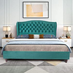 QHITTY Queen Size Bed Frame, Modern Velvet Button Tufted Upholstered Platform Bed with Nailhead Trim Headboard, Wood Slat Support, Easy Assembly, No Box Spring Needed