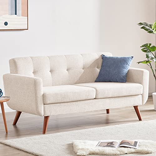 Tbfit 65" W Loveseat Sofa, Mid Century Modern Decor Love Seat Couches for Living Room, Button Tufted Upholstered Small Couch for Bedroom, Solid and Easy to Install Love Seats Furniture, Beige