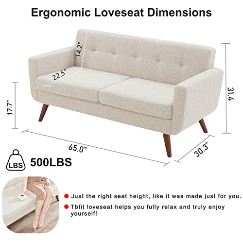 Tbfit 65" W Loveseat Sofa, Mid Century Modern Decor Love Seat Couches for Living Room, Button Tufted Upholstered Small Couch for Bedroom, Solid and Easy to Install Love Seats Furniture, Beige