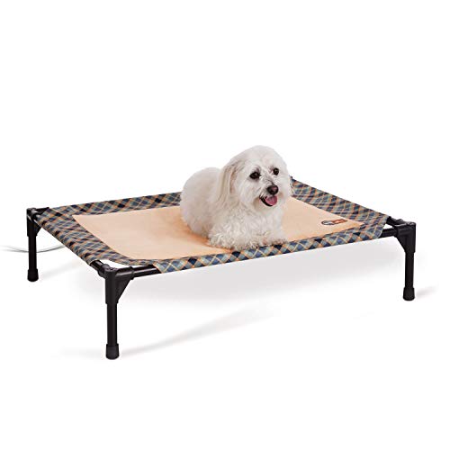 K&H Pet Products Thermo-Pet Cot Heated Elevated Dog Bed - Blue Plaid/Tan, Medium 25 X 32 X 7 Inches