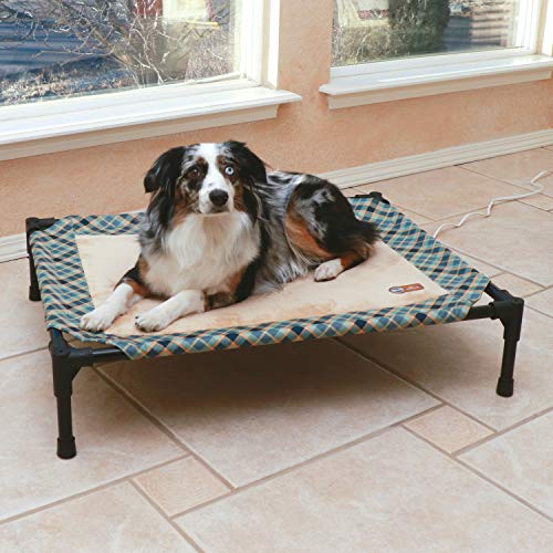 K&H Pet Products Thermo-Pet Cot Heated Elevated Dog Bed - Blue Plaid/Tan, Medium 25 X 32 X 7 Inches