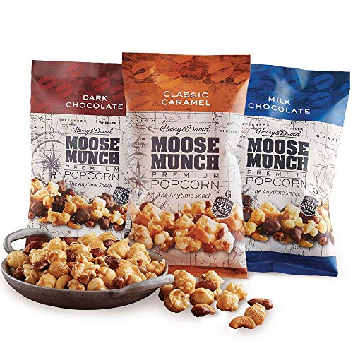 Moose Munch Premium Popcorn Trio by Harry & David, Classic Caramel, Milk and Dark Chocolate (3-Pack)