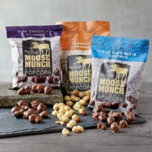 Moose Munch Premium Popcorn Trio by Harry & David, Classic Caramel, Milk and Dark Chocolate (3-Pack)