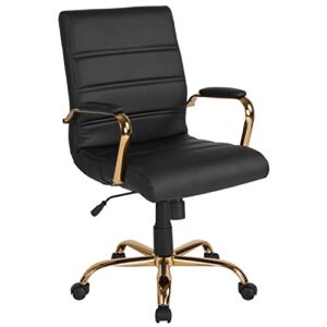 flash furniture whitney mid-back desk chair – black leathersoft executive swivel office chair with gold frame – swivel arm chair
