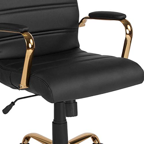 Flash Furniture Whitney Mid-Back Desk Chair - Black LeatherSoft Executive Swivel Office Chair with Gold Frame - Swivel Arm Chair