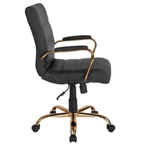 Flash Furniture Whitney Mid-Back Desk Chair - Black LeatherSoft Executive Swivel Office Chair with Gold Frame - Swivel Arm Chair