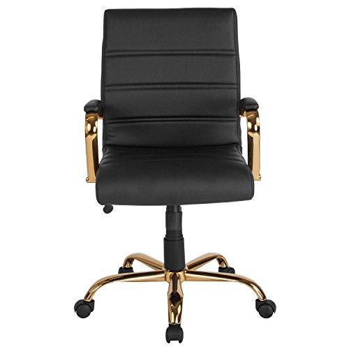 Flash Furniture Whitney Mid-Back Desk Chair - Black LeatherSoft Executive Swivel Office Chair with Gold Frame - Swivel Arm Chair