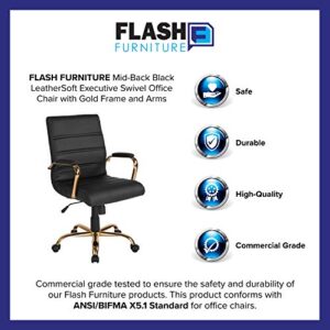 Flash Furniture Whitney Mid-Back Desk Chair - Black LeatherSoft Executive Swivel Office Chair with Gold Frame - Swivel Arm Chair