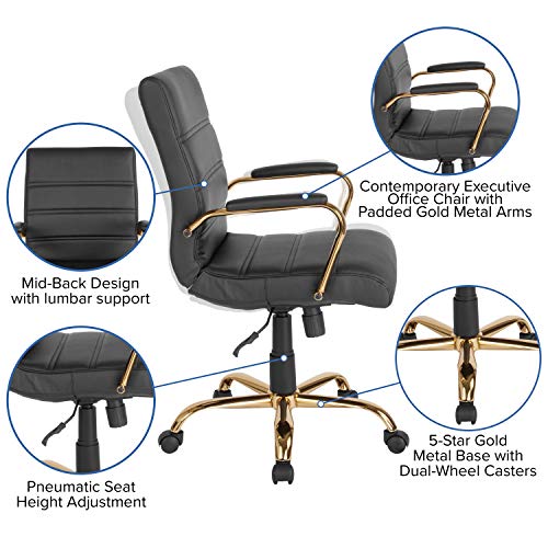 Flash Furniture Whitney Mid-Back Desk Chair - Black LeatherSoft Executive Swivel Office Chair with Gold Frame - Swivel Arm Chair