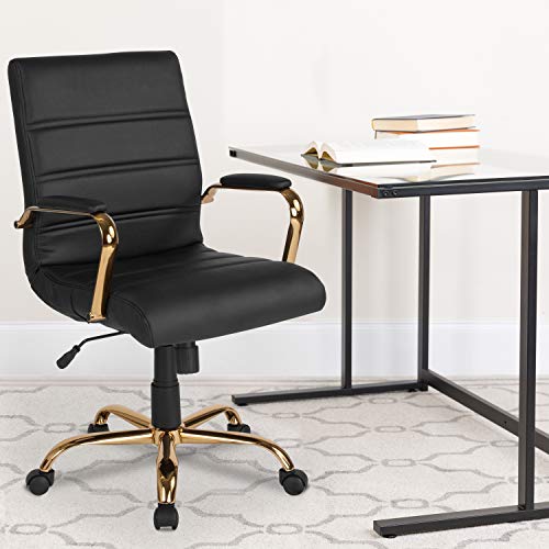 Flash Furniture Whitney Mid-Back Desk Chair - Black LeatherSoft Executive Swivel Office Chair with Gold Frame - Swivel Arm Chair