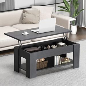 NOBLEWELL Coffee Table Lift Top with Storage Compartment and Separated Open Shelves, Pop Up Coffee Table for Living Room, 39.4in L, Black