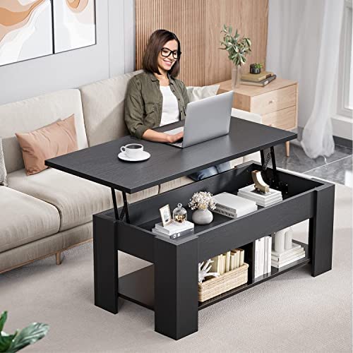 NOBLEWELL Coffee Table Lift Top with Storage Compartment and Separated Open Shelves, Pop Up Coffee Table for Living Room, 39.4in L, Black