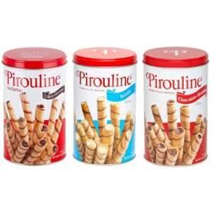 pirouline rolled wafers, best flavor mix, dark chocolate, chocolate hazelnut and vanilla flavors, new protective packaging, 14.1 ounce tins (pack of 3)